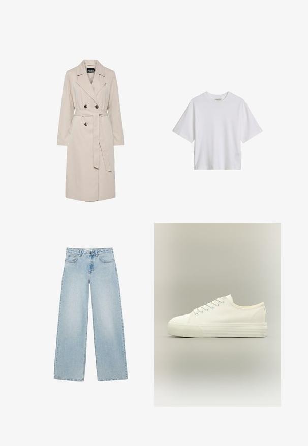 Lichtbeige dubbelgeknoopte trenchcoat met brede revers, zwarte knopen, een bijpassende stoffen ceintuur en lange mouwen.; Wit katoenen T-shirt met korte mouwen en een ronde hals, losse pasvorm, effen voorkant met zichtbare kraaglabel tegen een effen achtergrond.; Lichtblauwe wijde jeans met voor- en achterzakken, knoop- en ritssluiting, en subtiele strass-steentjes als versiering.; Witte lage canvas sneaker met veters aan de voorkant en dikke, getextureerde rubberen zool op een neutrale achtergrond.