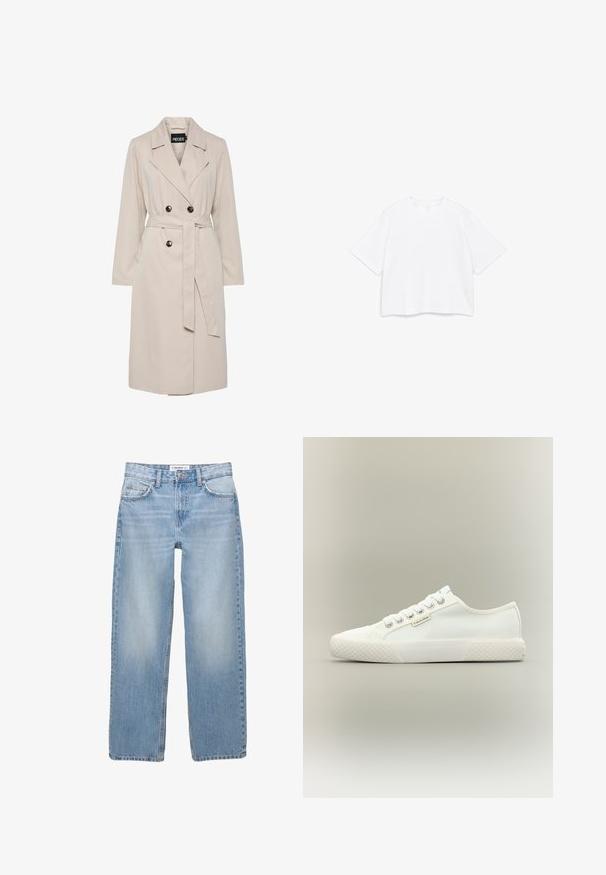 Hellbeiger, doppelreihiger Trenchcoat mit breiten Revers, schwarzen Knöpfen, einem passenden Stoffgürtel und langen Ärmeln.; Weißes kurzärmeliges T-Shirt mit rundem Halsausschnitt und kastenförmiger, weiter Passform, dargestellt vor einem schlichten weißen Hintergrund.; Helle blaue Jeans aus Denim mit geradem Bein, Fünf-Taschen-Stil und sichtbaren Nähdetails. Der Stoff hat eine weiche, leicht ausgewaschene Textur.; Weißer Low-Top Canvas-Sneaker mit strukturierter Gummisohle, weißen Schnürsenkeln und kleinem Calvin Klein-Label an der Seite.