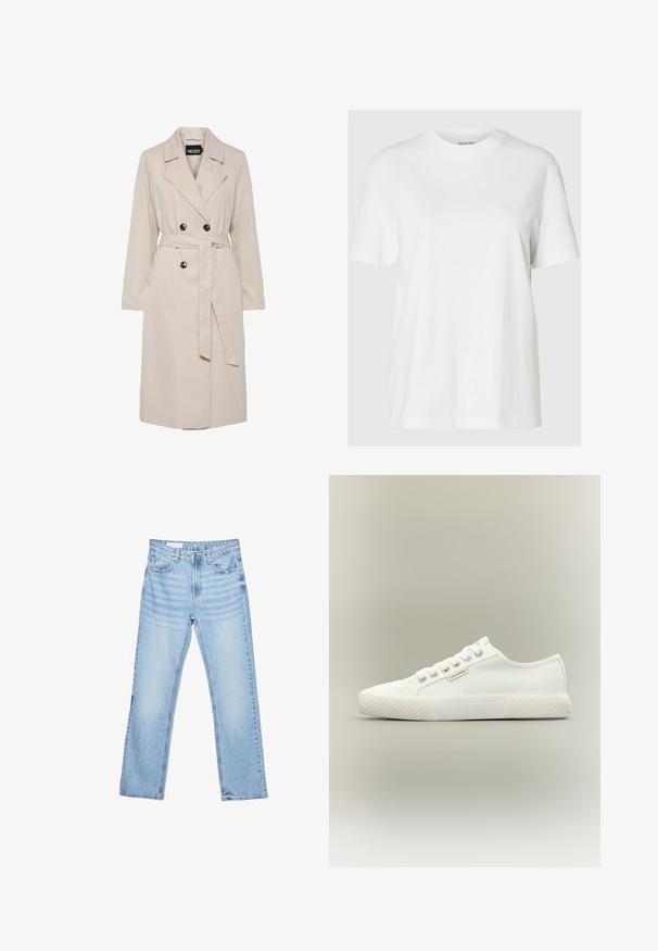 Trench-coat beige clair à double boutonnage avec larges revers, boutons noirs, ceinture en tissu assortie et manches longues.; T-shirt en coton blanc avec des manches courtes et un col rond. Présente une coupe décontractée et un design minimal sans motifs ni accents.; Jean en denim bleu clair à jambes droites avec poches avant, passants de ceinture et fermeture par bouton et zip, présenté à plat sur fond blanc.; Baskets basses blanches en toile avec semelle en caoutchouc texturée, lacets blancs et petite étiquette Calvin Klein sur le côté.