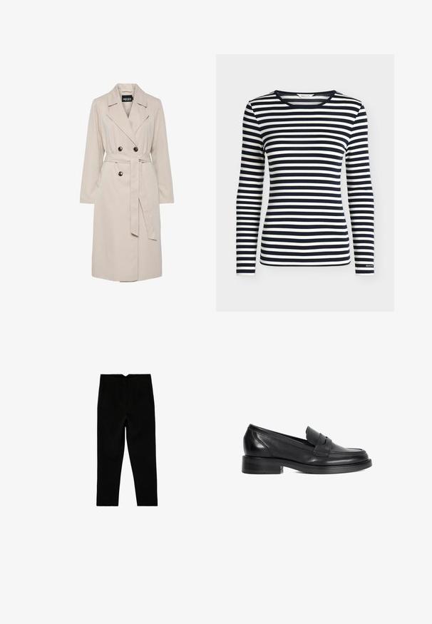 Hellbeiger, doppelreihiger Trenchcoat mit breiten Revers, schwarzen Knöpfen, einem passenden Stoffgürtel und langen Ärmeln.; Langarmshirt mit marineblauen und weißen horizontalen Streifen und rundem Ausschnitt, mit GANT-Logo am Ärmelbündchen.; Schwarze, maßgeschneiderte, knöchellange Hose mit Seitentaschen und leicht zulaufendem Bein, flach auf weißem Hintergrund ausgelegt.; Schwarze Lederloafers mit niedrigem Blockabsatz, ausgestattet mit einem vorderen Riemen und einer glatten Textur, geeignet für legere oder formelle Anlässe.