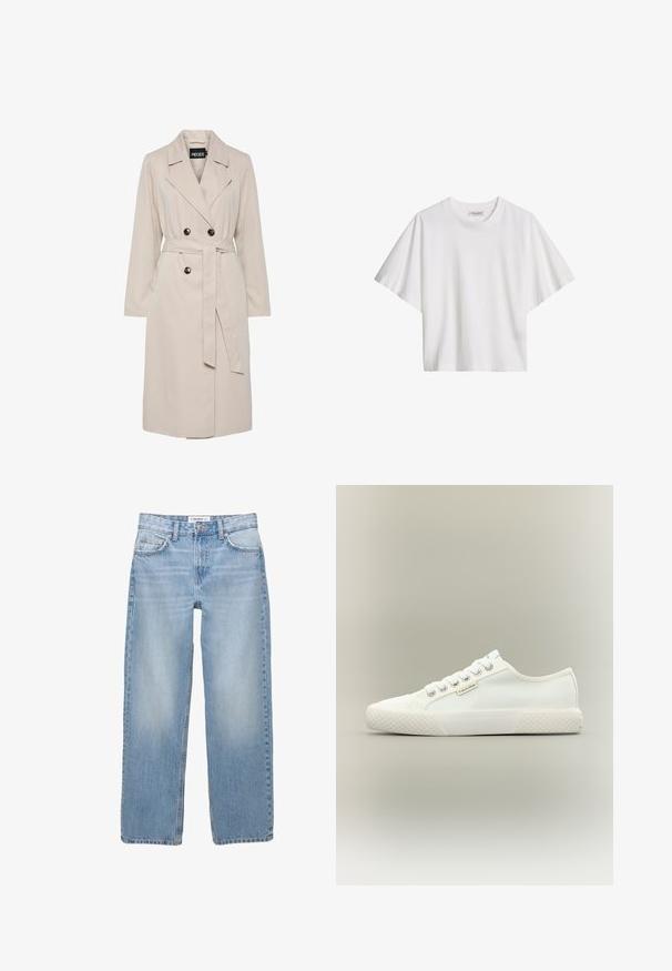 Lichtbeige dubbelgeknoopte trenchcoat met brede revers, zwarte knopen, een bijpassende stoffen ceintuur en lange mouwen.; Witte katoenen T-shirt met korte mouwen, losse pasvorm, ronde hals en merkembleem aan de binnenkant van de kraag.; Lichtblauwe denim jeans met een recht model, vijf zakken en zichtbare stiksels. De stof heeft een zachte, iets vervaagde textuur.; Witte lage canvas sneaker met een getextureerde rubberen zool, witte veters en een klein Calvin Klein-label aan de zijkant.