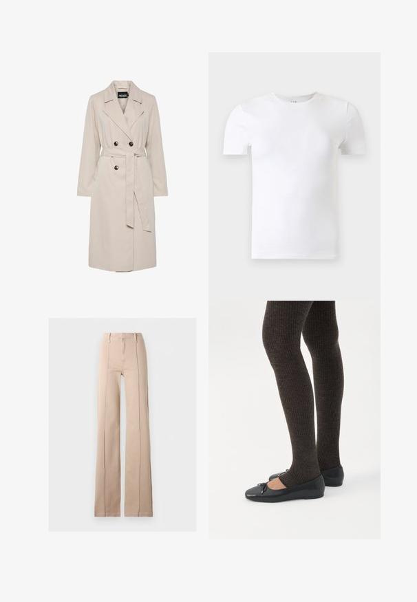 Hellbeiger, doppelreihiger Trenchcoat mit breiten Revers, schwarzen Knöpfen, einem passenden Stoffgürtel und langen Ärmeln.; Schlichtes weißes Kurzarm-T-Shirt mit Rundhalsausschnitt vor einem hellgrauen Hintergrund.; Beige, hoch taillierte, weite Hose mit vorderen Nähten, Gürtelschlaufen und einem Reißverschlussverschluss vor einem einfarbigen Hintergrund.; Beine in dunklen, gerippten Leggings kombiniert mit schwarzen Ballerinas mit kleinen Schleifendetails auf weißem Hintergrund.