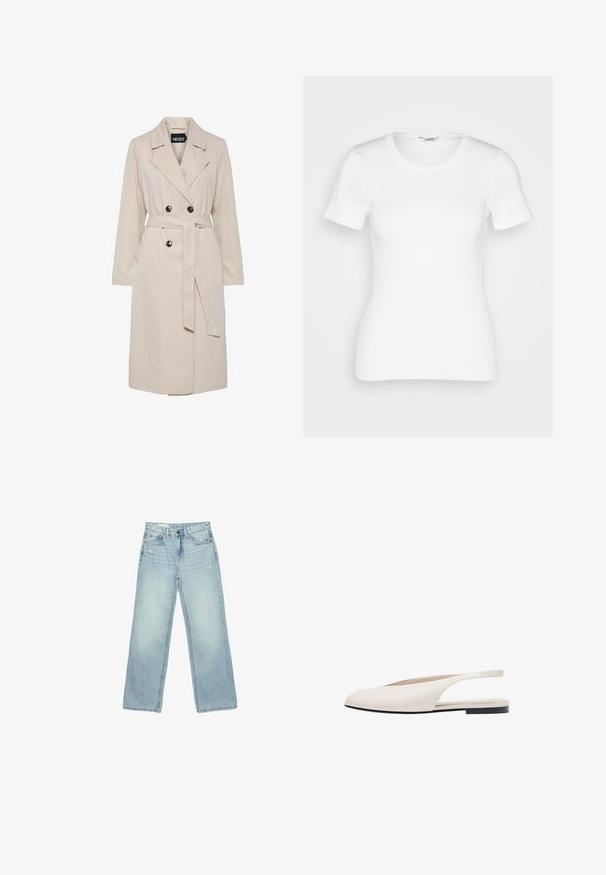 Hellbeiger, doppelreihiger Trenchcoat mit breiten Revers, schwarzen Knöpfen, einem passenden Stoffgürtel und langen Ärmeln.; Weißes Baumwoll-T-Shirt mit kurzen Ärmeln, rundem Ausschnitt und gerippter Textur. Schmal geschnittenes Design mit einer glatten, sauberen Verarbeitung.; Hellblaue High-Waist-Jeans mit weitem Bein, leichter Used-Optik an den Vordertaschen und Oberschenkeln, Knopfverschluss und Fünf-Taschen-Design.; Cremefarbener flacher Slingback-Schuh mit spitz zulaufender Spitze und schwarzer Sohle, minimalistisches Design, Seitenansicht auf weißem Hintergrund.