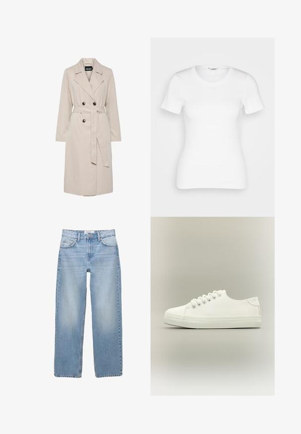 Lysebeige dobbeltbrystet trenchcoat med brede revers, sorte knapper, bælte i samme stof og lange ærmer.; Hvid bomulds T-shirt med korte ærmer, rund halsudskæring og ribbet tekstur. Tætsiddende design med en glat, ren finish.; Lyseblå denimbukser med lige ben, fem-pockets stil og synlige syninger. Stofmaterialet har en blød, let falmet tekstur.; Hvid lavtop sneaker med hvide snørebånd og gummisål vist fra siden på en neutral baggrund.