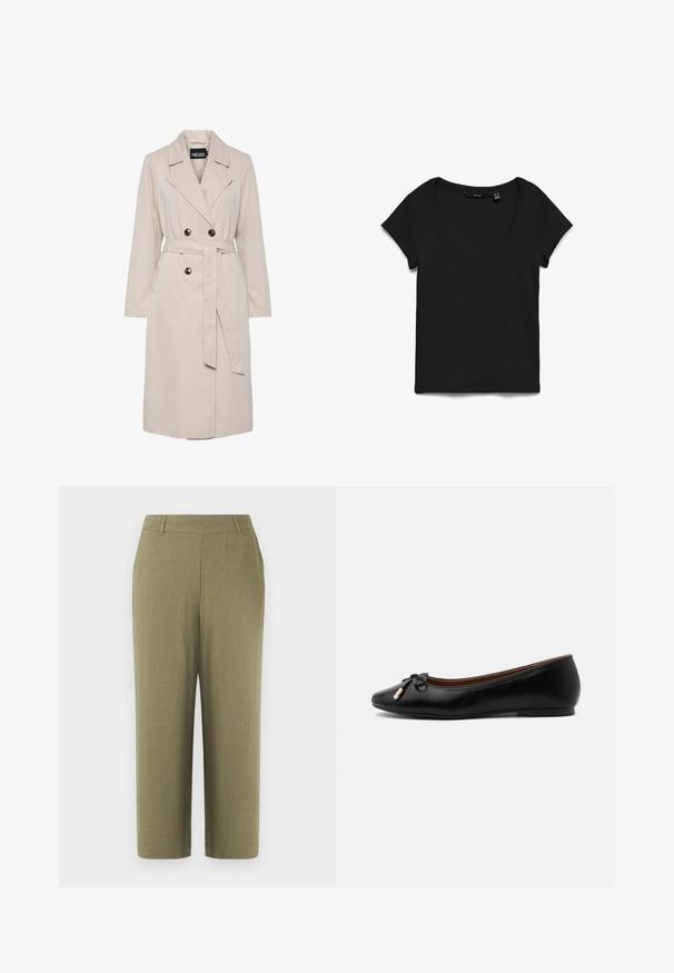 Lichtbeige dubbelgeknoopte trenchcoat met brede revers, zwarte knopen, een bijpassende stoffen ceintuur en lange mouwen.; Zwart T-shirt met korte mouwen en ronde hals, plat gelegd op een witte achtergrond, met vooraanzicht en stoftextuur.; Olivengroene rechte broek met een taillehoogte halverwege en riemlussen, gemaakt van een gestructureerde stof, gepresenteerd tegen een witte achtergrond.; Zwarte leren ballerina met een afgeronde neus, een klein strikje met goudkleurige uiteinden en een lage platte hak op een grijze achtergrond.