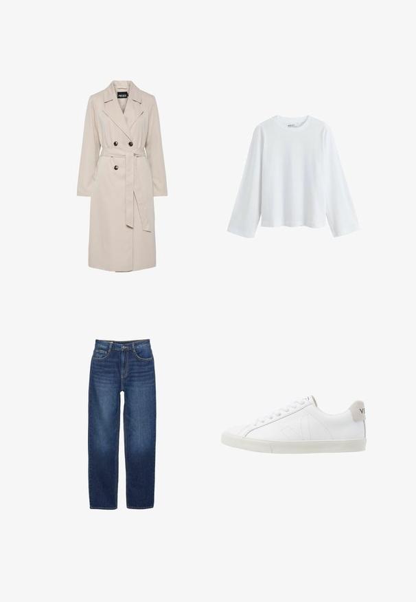 Lysebeige dobbeltbrystet trenchcoat med brede revers, sorte knapper, bælte i samme stof og lange ærmer.; Hvid langærmet t-shirt lavet af blød bomuld, med rund halsudskæring og drop-shoulder design, med en afslappet pasform og uden synlige mønstre.; Mørkeblå denim jeans med lige ben, fem lommer og subtil slid. Har kontrastsyninger og en standard lukning med knap og lynlås.; Hvide lædersneakers med en struktureret off-white gummi sål. Funktioner inkluderer snørebånd, diskrete sømme og en grå ruskindsdetalje ved hælen.