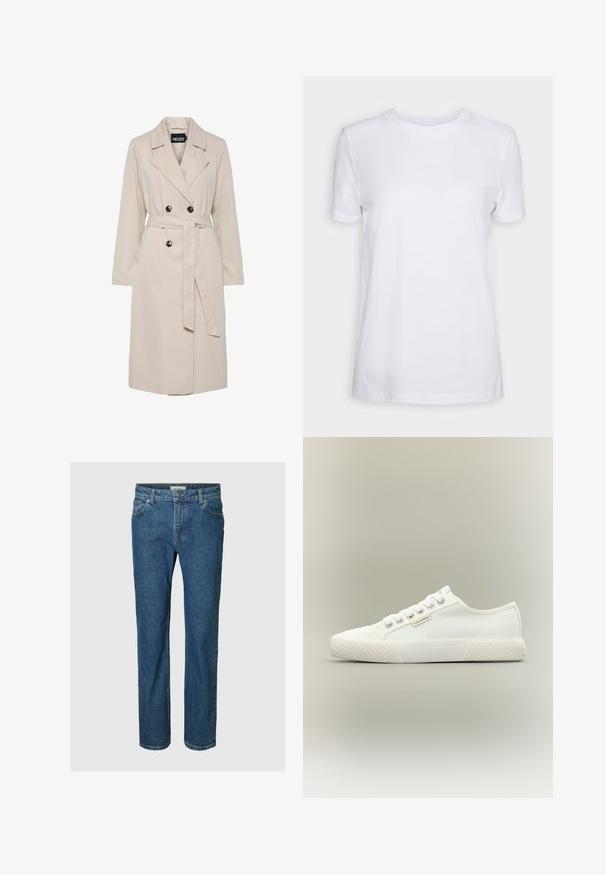 Trench coat bege claro de duplo peito com lapelas largas, botões pretos, cinto de tecido combinando e mangas compridas.; T-shirt branca simples de manga curta com gola redonda, ajuste regular e uma pequena etiqueta interna no pescoço com a inscrição "SELECTED FEMME."; Calças de ganga azuis de corte reto com botão e fecho de correr na frente, passadores de cinto e bolsos frontais e traseiros.; Ténis baixos brancos em lona com sola de borracha texturizada, atacadores brancos e pequena etiqueta Calvin Klein na lateral.