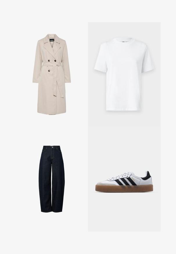 Lysebeige dobbeltbrystet trenchcoat med brede revers, sorte knapper, bælte i samme stof og lange ærmer.; Hvid bomulds T-shirt med rund hals, kortærmet og en glat tekstur. Designet med en afslappet pasform for komfort og alsidighed.; Bredde ben mørkeblå denim jeans med høj talje, færdiggjort med kontrasterende orange syninger og en knaplukning foran.; Hvide lædersneakers med sorte striber, gummirubber sål, rund tå, snørelukning og blød grå ruskinds tåhætte.