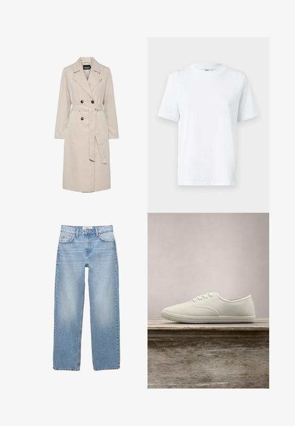 Hellbeiger, doppelreihiger Trenchcoat mit breiten Revers, schwarzen Knöpfen, einem passenden Stoffgürtel und langen Ärmeln.; Weißes Baumwoll-T-Shirt mit Rundhalsausschnitt, kurzärmlig und mit glatter Textur. Entworfen mit einer lockeren Passform für Komfort und Vielseitigkeit.; Helle blaue Jeans aus Denim mit geradem Bein, Fünf-Taschen-Stil und sichtbaren Nähdetails. Der Stoff hat eine weiche, leicht ausgewaschene Textur.; Weiße Leinenschuhe mit einer abgerundeten Spitze, sechs Ösen und einer strukturierten Gummisohle, die über einer Holzoberfläche schwebt, mit grünem Gras im Hintergrund.