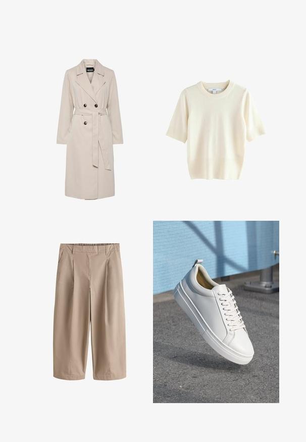 Lichtbeige dubbelgeknoopte trenchcoat met brede revers, zwarte knopen, een bijpassende stoffen ceintuur en lange mouwen.; Kortemouwen trui in roomkleur, gemaakt van zachte stof. Heeft een geribde halslijn en zoom, met een gladde textuur en een ontspannen pasvorm.; Beige broek met wijde pijpen, cropped lengte, voorplooien, zijzakken, ceintuurlussen en een aangesloten tailleband.; Witte leren sneaker met platte veters, ronde neus, rubberen loopzool en een klein trekbandje bij de hiel. Gladde textuur met minimale ontwerpdetaillering.