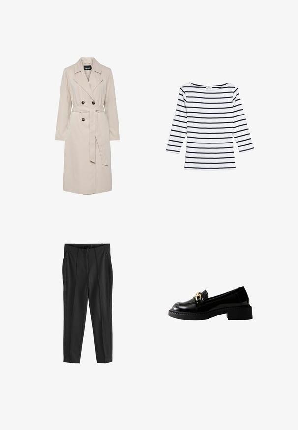 Gabardina de doble botonadura en beige claro con solapas anchas, botones negros, cinturón a juego de tela y mangas largas.; Marks & Spencer STRIPED SLASH NECK - Camiseta de manga larga - white mix; Pantalones ajustados negros con una textura suave, que cuentan con dos bolsillos frontales con cremallera y pliegues en la parte frontal para un diseño estructurado.; Mocasines de charol negro con un acento de herrajes dorados, punta redondeada y suela gruesa. Textura lisa con detalles de costuras prominentes.