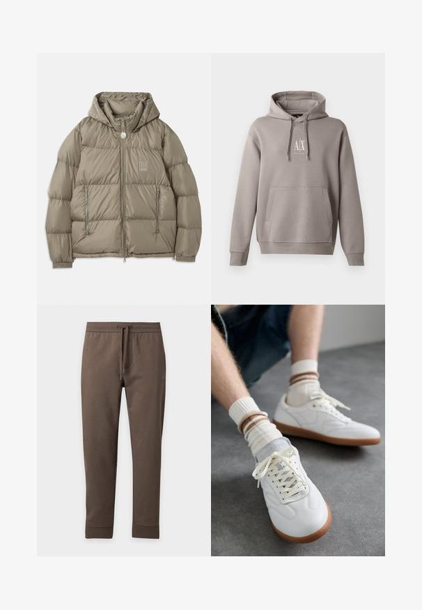 Chaqueta acolchada en un verde oliva apagado, con capucha, bolsillos con cremallera, puños elásticos y un parche de logo en el pecho. Textura suave.; Sudadera gris con un bolsillo canguro central, capucha ajustable con cordón y un pequeño logo blanco en el pecho. Textura de tela suave.; Pantalones deportivos marrones ajustados con cintura elástica y cordón, mostrados planos sobre un fondo claro.; Zapatillas de cuero blanco con una textura suave, detalles en gamuza gris, suelas de goma beige y cordones planos. Combinadas con calcetines a rayas en tonos crema y marrón.