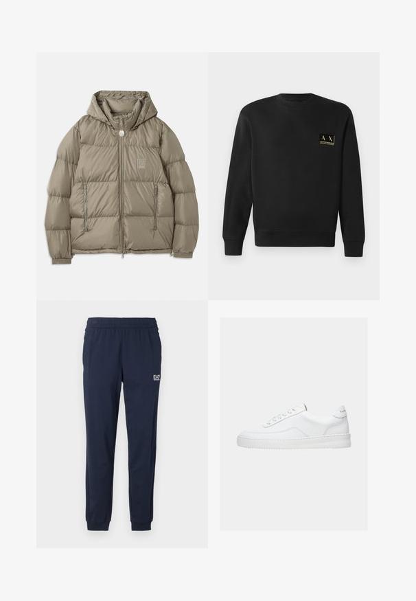 Veste rembourrée d'un vert olive atténué, dotée d'une capuche, de poches zippées, de poignets élastiques et d'un écusson sur la poitrine. Texture lisse.; Sweatshirt noir à manches longues avec col rond et petit logo beige Armani Exchange sur la poitrine gauche.; Pantalons de survêtement bleu marine avec une taille élastique et des poignets. Comprend un petit logo blanc sur la jambe gauche. Fabriqué à partir d'un matériau doux et extensible.; Baskets basses blanches avec un design à lacets, dessus en cuir lisse et semelle épaisse, montrées de profil sur un fond uni.