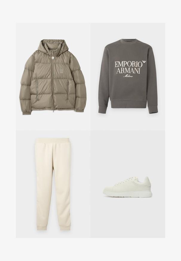 Veste rembourrée d'un vert olive atténué, dotée d'une capuche, de poches zippées, de poignets élastiques et d'un écusson sur la poitrine. Texture lisse.; Sweat-shirt gris en coton, avec un col rond, des manches longues, et un logo blanc imprimé : "EMPORIO ARMANI Milano" sur le devant.; Pantalons de survêtement beige clair fabriqués en tissu doux avec un design fuselé, une ceinture élastique et des poignets aux chevilles. Pas de motifs ou d'accents visibles.; Baskets blanches en cuir avec un dessus texturé, bout rond, semelle plate blanche et lacets ton sur ton. Marque discrète sur la languette.