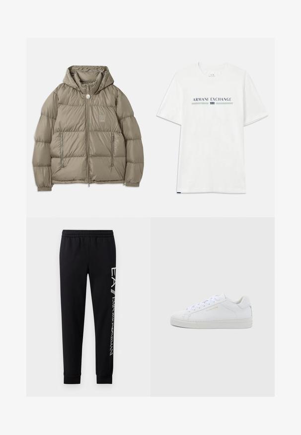 Veste rembourrée d'un vert olive atténué, dotée d'une capuche, de poches zippées, de poignets élastiques et d'un écusson sur la poitrine. Texture lisse.; T-shirt en coton blanc à manches courtes, avec un logo "ARMANI EXCHANGE" bleu et vert et "1991" centré en dessous.; Pantalons de survêtement noirs en mélange de coton, dotés d'une taille élastique, de jambes fuselées, de poignets côtelés et d'un imprimé logo blanc sur le côté.; Baskets basses en cuir blanc avec bout rond, lacets plats, semelle texturée et logo discret doré sur le côté. Surface lisse et design minimaliste.
