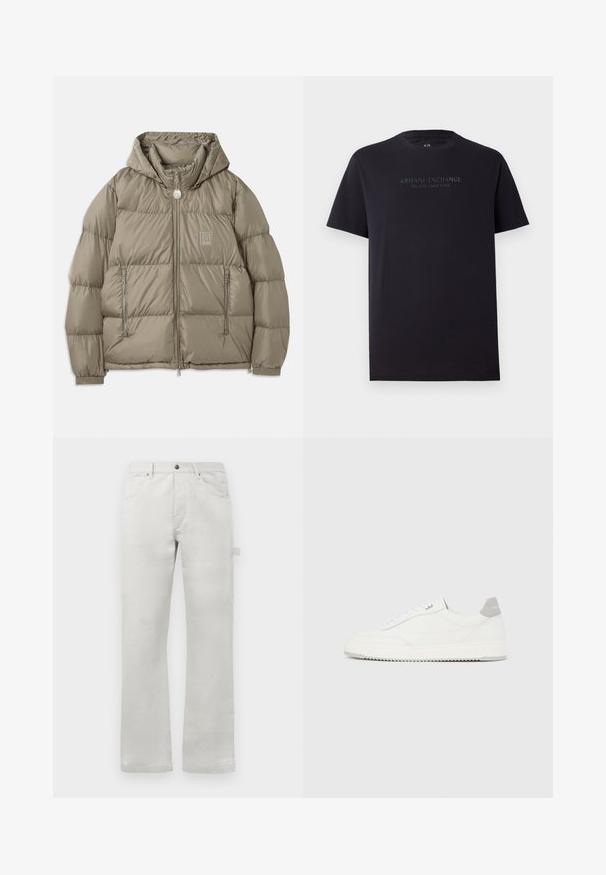 Veste rembourrée d'un vert olive atténué, dotée d'une capuche, de poches zippées, de poignets élastiques et d'un écusson sur la poitrine. Texture lisse.; T-shirt en coton noir à manches courtes, col rond et légèrement ample. Présente le texte "ARMANI EXCHANGE MILANO / NEW YORK" en gris foncé.; Pantalon gris clair à coupe droite, fabriqué en tissu en coton lisse, avec des poches avant et une poche cargo sur le côté.; Baskets basses blanches avec un onglet de talon gris, des lacets blancs et une semelle texturée, présentées sur un fond uni clair.