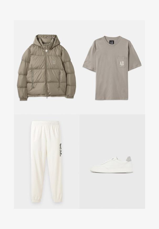 Gepolsterte Jacke in einem gedämpften Olivgrün, mit Kapuze, Reißverschlusstaschen, elastischen Bündchen und einem Logopatch auf der Brust. Glatte Textur.; Graues T-Shirt mit kurzen Ärmeln aus Baumwolle, ausgestattet mit einer Tasche auf der linken Brust mit einem weißen Logodesign. Rundhalsausschnitt, lässige Passform.; Helle beige Sweatpants mit einem elastischen Bund und elastischen Bündchen. Mit einem schwarzen Logo-Druck auf dem linken Bein. Weicher Stoff. ; Weißer Sneaker mit niedrigem Schaft, grauem Fersenlaschen, weißen Schnürsenkeln und einer strukturierten Sohle, dargestellt vor einem schlichten hellen Hintergrund.