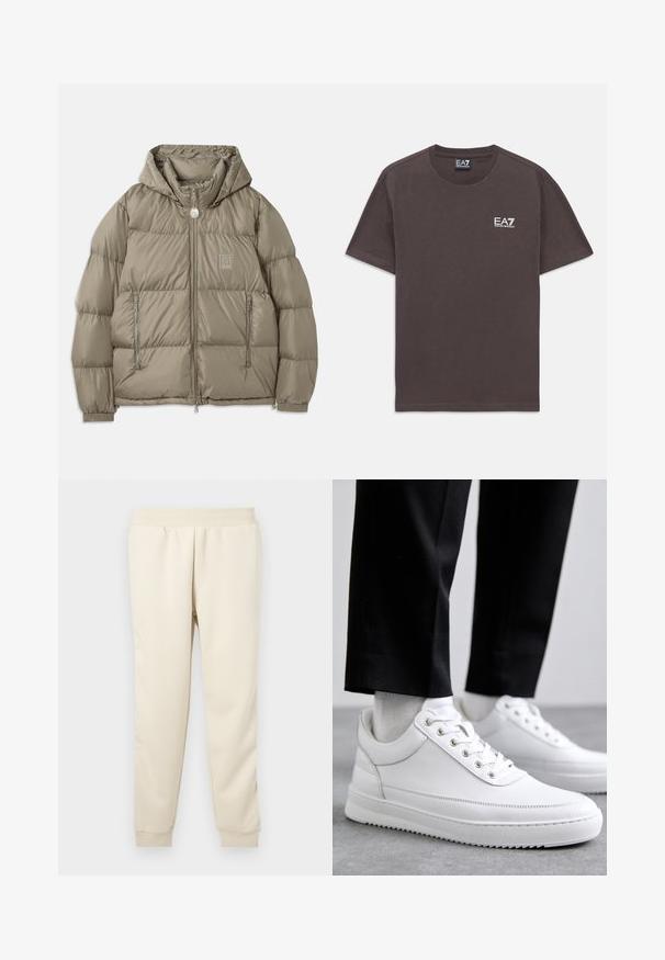 Chaqueta acolchada en un verde oliva apagado, con capucha, bolsillos con cremallera, puños elásticos y un parche de logo en el pecho. Textura suave.; Camiseta de tirantes corta de color gris oscuro con pequeño logo en blanco de EA7 Emporio Armani en el lado izquierdo del pecho y etiqueta en el cuello.; Pantalones de chándal beige claro hechos de una tela suave, con un diseño ajustado, cinturilla elástica y puños en los tobillos. Sin patrones ni acentos visibles.; Zapatillas de cuero blanco con una suela de goma plana, que presentan un acabado suave, punta redonda y ojetes de metal para los cordones. Llevadas con pantalones negros.