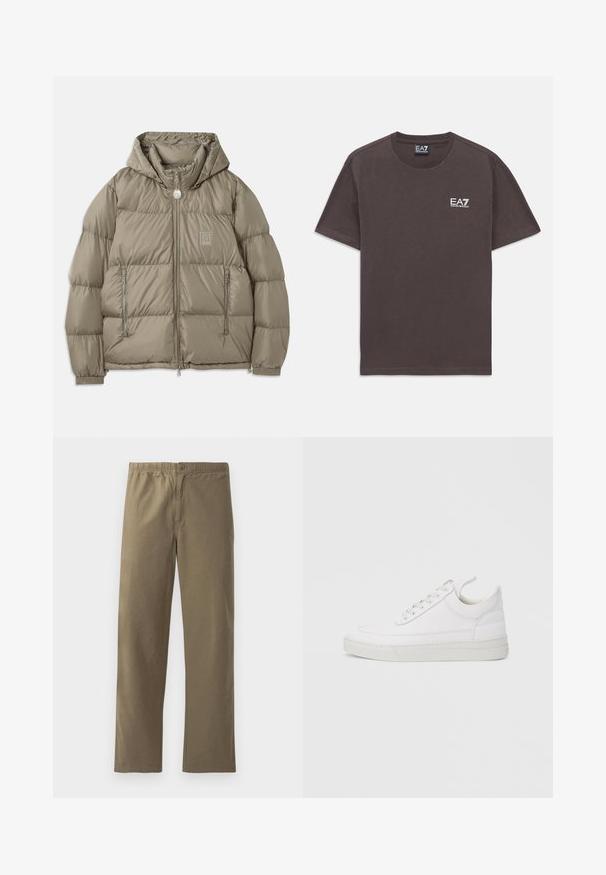 Veste rembourrée d'un vert olive atténué, dotée d'une capuche, de poches zippées, de poignets élastiques et d'un écusson sur la poitrine. Texture lisse.; T-shirt à col rond gris foncé à manches courtes avec un petit logo blanc EA7 Emporio Armani sur la poitrine gauche et une étiquette au cou.; Pantalons kaki en tissu léger. Dotés d'une taille élastique, d'une fermeture à boutons, de jambes droites et d'une texture lisse.; Baskets en cuir blanc avec un embout arrondi, une semelle plate et un laçage à l'avant. Présentent des détails de couture et un col rembourré pour plus de confort.