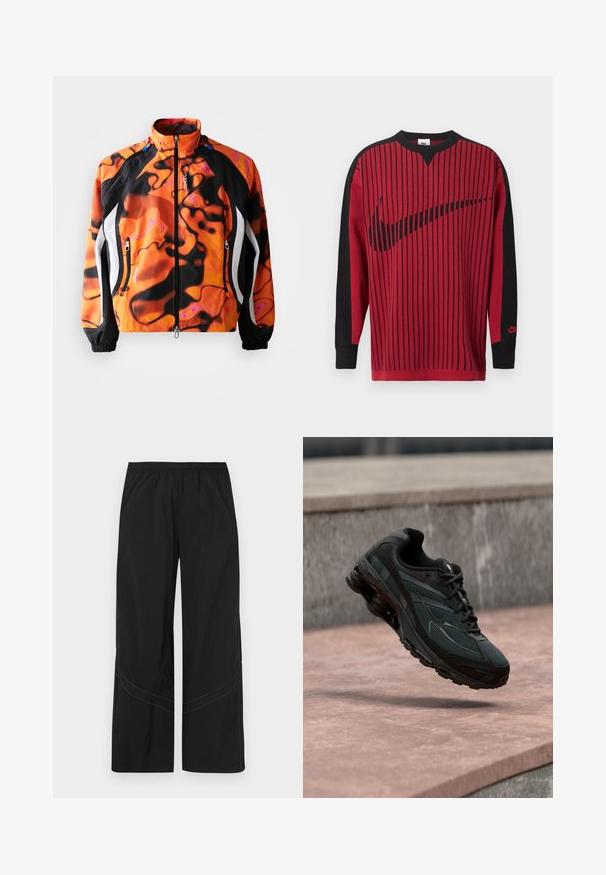 Heldere oranje en zwarte jas met abstracte patronen, ritssluiting, hoge kraag, elastische manchetten en witte accenten langs de zijkanten.; Rode gebreide sweatshirt met zwarte verticale strepen, zwarte mouwen en een zwart Nike-logo. Heeft een ronde hals en geribbelde boorden.; Zwarte wijde broek gemaakt van lichtgewicht stof met een elastische tailleband en subtiel gebogen stikdetail aan de zoom.; Zwarte atletische sneaker met zichtbare luchtgeveerde tussenzool die boven een roze stenen oppervlak zweeft met een grijze stenen muur op de achtergrond.