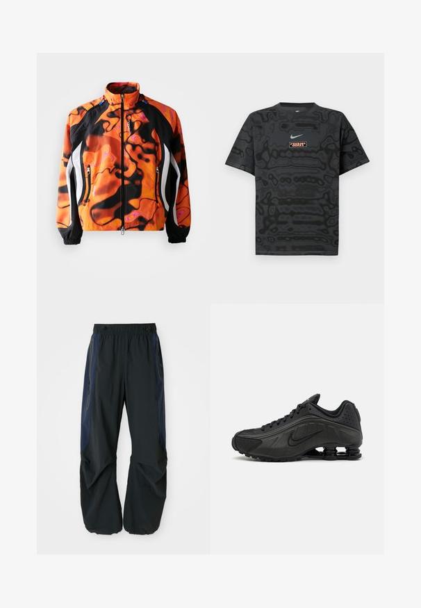 Lys orange og sort jakke med abstrakte mønstre, lynlås lukning, høj krave, elastiske manchetter og hvide detaljer langs siderne.; Sort T-shirt med et tekstureret mønster, der har en lille Nike-logo i lyseblå og en rektangulær logo-patch i kontrastfarver.; Sorte udendørsbukser med en afslappet pasform, udstyret med elastisk talje, marineblå sidepaneler og lynlåslommer på begge sider.; Sorte løbesko med en glat syntetisk overdel, perforerede detaljer, teksturerede sidedele og en distinkt fjedrende sål.