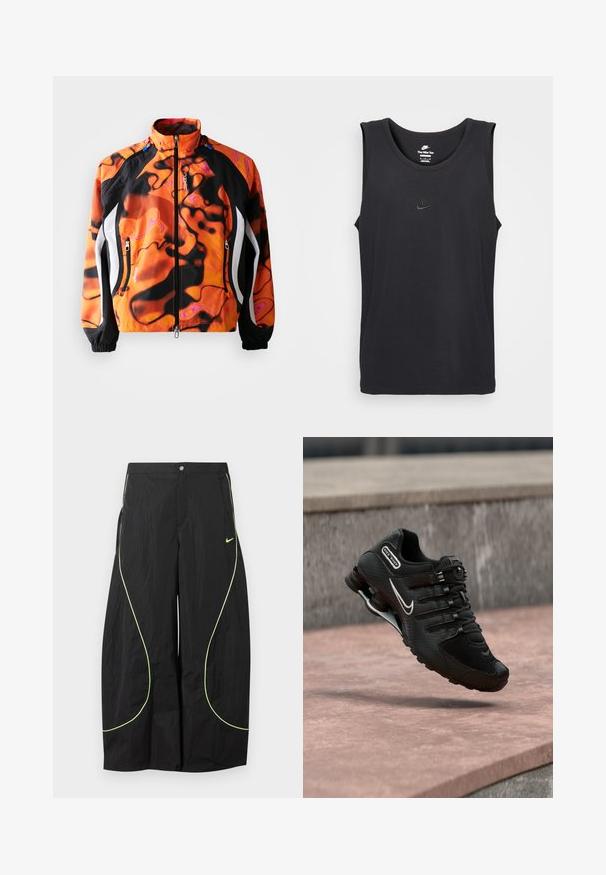 Lys orange og sort jakke med abstrakte mønstre, lynlås lukning, høj krave, elastiske manchetter og hvide detaljer langs siderne.; Sort ærmeløs Nike tanktop lavet af bomuld, med rund halsudskæring og et lille præget logo på brystet. Glat stoftekstur.; Sorte Nike bukser med brede ben, med neon-grøn buet piping og lille Nike swoosh-logo på højre lår, knap- og lynlåslukning i taljen.; Sort Nike Shox løbesko med hvid swoosh-logo, midt i luften over en rosa betonoverflade mod en grå stenmur som baggrund.
