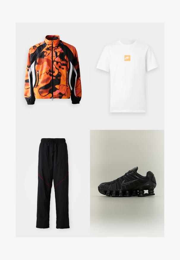 Heldere oranje en zwarte jas met abstracte patronen, ritssluiting, hoge kraag, elastische manchetten en witte accenten langs de zijkanten.; Witte katoenen T-shirt met korte mouwen en een kleine oranje vierkant op de borst met het witte Nike-logo en swoosh.; Zwarte sportbroek met een gestructureerde afwerking, voorzien van een trekkoord in de taille, rode accentlijnen en een losse pasvorm.; Zwarte Nike hardloopschoen met veerachtige segmentenzool, mesh bovenwerk en bijpassend zwart swoosh-logo aan de zijkant.