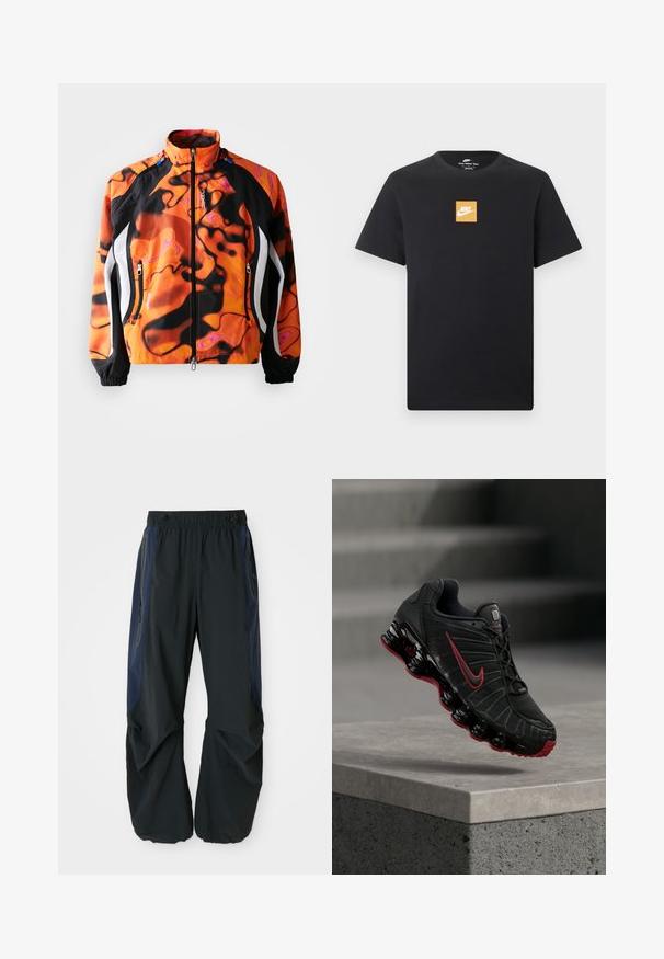 Helle orange und schwarze Jacke mit abstrakten Mustern, Reißverschluss, hohem Kragen, elastischen Bündchen und weißen Akzenten an den Seiten.; Schwarzes Nike T-Shirt mit kurzen Ärmeln, einem kleinen orangefarbenen Quadratlogo und einem weißen Nike-Swoosh, der mittig auf der Brust platziert ist.; Schwarze Outdoor-Hosen mit lockerer Passform, ausgestattet mit einem elastischen Bund, marineblauen Seitenpaneelen und Reißverschlusstaschen auf beiden Seiten.; Schwarzer und roter Nike-Sportschuh mit sichtbarer federartiger Sohle, der auf der Kante einer Betonstufe balanciert.