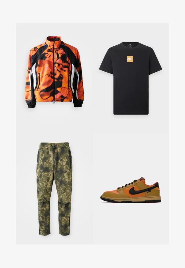 Heldere oranje en zwarte jas met abstracte patronen, ritssluiting, hoge kraag, elastische manchetten en witte accenten langs de zijkanten.; Zwart Nike T-shirt met korte mouwen, voorzien van een klein oranje vierkant logo en een witte Nike-swoosh in het midden van de borst.; Camo broek in verschillende tinten groen met een digitaal patroon. Voorzien van een elastische tailleband, trekkoord en zijzakken met rits.; Nike sneakers hebben een combinatie van tan, oranje en zwarte materialen, met een laag ontwerp, ronde neus en rubberen zool. Inclusief een GORE-TEX-label.