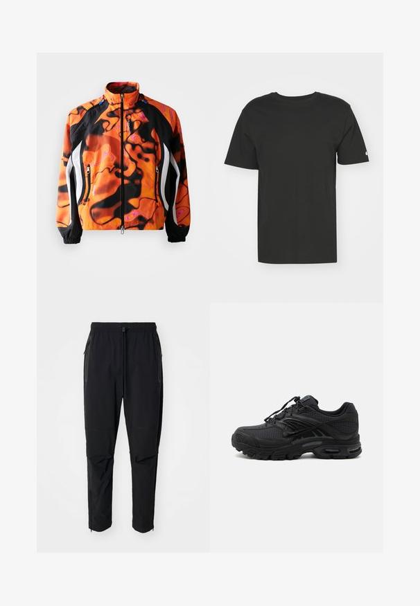 Helle orange und schwarze Jacke mit abstrakten Mustern, Reißverschluss, hohem Kragen, elastischen Bündchen und weißen Akzenten an den Seiten.; Schwarzes T-Shirt aus weicher Baumwolle, mit kurzen Ärmeln und Rundhalsausschnitt. Einfaches Design mit einem kleinen Logo auf dem linken Ärmel.; Schwarze, leichte outdoor Hosen mit elastischem Bund und verstellbarem Zugschnur. Ausgestattet mit Reißverschlusstaschen und tapered Bündchen.; Schwarzer athletischer Sneaker mit strukturiertem Stoff, dicker gepolsterter Sohle, Luftauslässen und Schnürverschluss, von der Seite auf hellem Hintergrund gezeigt.