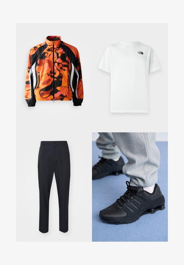 Heldere oranje en zwarte jas met abstracte patronen, ritssluiting, hoge kraag, elastische manchetten en witte accenten langs de zijkanten.; Wit katoenen T-shirt met korte mouwen en een ronde hals, met een klein zwart logo op de linkerborst. Soepele textuur.; Zwarte broek met een gladde textuur, recht model, knoopsluiting en riemlussen. Geen zichtbare patronen of accenten.; Persoon in zwarte Nike Shox sneakers en een grijze joggingbroek staand op een lichtblauw tapijt.
