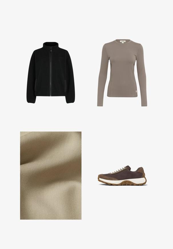Veste en polaire noire unie avec col haut, fermeture éclair intégrale, poches latérales et finition texturée. Elle est dotée de poignets et d'un ourlet élastiqués.; T-shirt à manches longues en brun clair, fabriqué à partir d'un tissu extensible. Il présente un col rond et des coutures plates, avec une petite étiquette logo en bas à gauche.; Tissu beige texturé avec un motif fin et côtelé. Le matériau semble lisse avec un léger éclat, tombant doucement en plis.; Baskets marron avec des lacets blancs, présentant une tige texturée et une semelle en caoutchouc robuste, affichées sur un fond blanc.