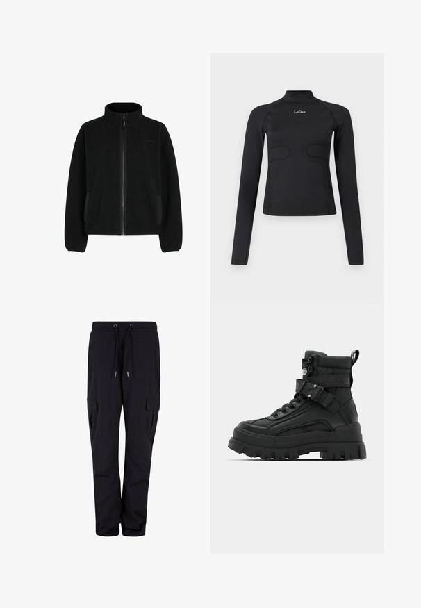 Veste en polaire noire unie avec col haut, fermeture éclair intégrale, poches latérales et finition texturée. Elle est dotée de poignets et d'un ourlet élastiqués.; Haut ajusté à manches longues noir avec col montant et logo "LeGer" blanc centré sur la poitrine, le tout sur fond blanc.; Pantalons cargo noirs en tissu doux, dotés d'une taille élastique avec cordons de serrage et de poches latérales. Design à jambes droites.; Bottes noires de cheville avec une tige texturée, semelle épaisse, lacets à l'avant et sangle ajustable avec détail de logo. Semelle extérieure en caoutchouc avec un profil prononcé.