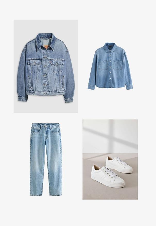 Svetlomodrá rifľová bunda so štandardným golierom, dlhými rukávmi, dvoma náprsnými vreckami, zapínaním na gombíky a mierne oversized strihom.; Svetlomodrá rifľová košeľa na gombíky s dlhými rukávmi, dvoma náprsnými vreckami a ostrým golierom, zobrazená na bielom pozadí.; Svetlomodré džíny s voľným strihom. Obsahujú štyri vrecká, klasické zapínanie na gombík a minimálne vyblednutie pre jednotnú textúru.; Biele tenisky vyrobené z texturovanej kože, s oble špičkami, plochými bielymi podrážkami a zlatými očkami na šnúrky. Minimalistický dizajn s perforovaným detailom.
