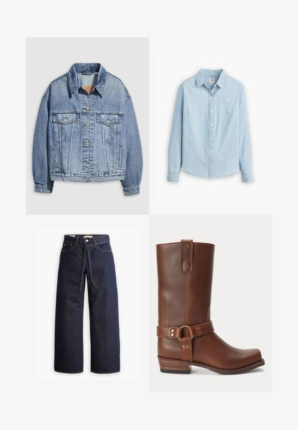 Lyseblå denimjakke med standardkrave, lange ærmer, to brystlommer, knaplukning og en let oversized pasform.; Lyseblå skjorte med knapper lavet af blødt denimstof. Har en klassisk krave og lange ærmer, med et lille logo på brystet.; Bredde ben mørkeblå denim jeans med høj talje, der har snoretræk, fem lommer og kontrastsyet detaljer.; Brun læder midt på læggen støvle med lavt træhæl, rund snude og dekorativ strop med metalnitter rundt om anklen.