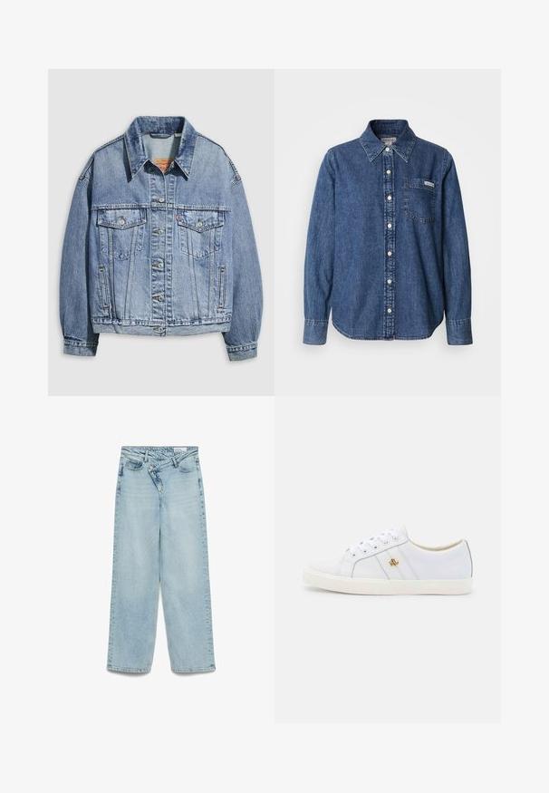 Lyseblå denimjakke med standardkrave, lange ærmer, to brystlommer, knaplukning og en let oversized pasform.; Blå denimskjorte med lange ærmer, knaplukning foran, krave, enkelt brystlomme og diskrete syningsdetaljer. Glat tekstur og afslappet pasform.; Lyseblå jeans med lige ben i denim. Har en mellemhøj talje, fem lommer og glidelås med knaplukning.; Lauren Ralph Lauren JANSON II ACTION LEATHER SNEAKER - Sneakers - real white