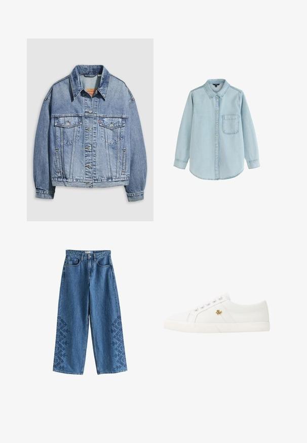Lyseblå denimjakke med standardkrave, lange ærmer, to brystlommer, knaplukning og en let oversized pasform.; Lyseblå denim langærmet knap-op skjorte med en brystlomme foran og klassisk krave, vist på en hvid baggrund.; Blå denim jeans med vide ben, flowerbroderi på nederste ydersider af benene og klassisk design med fem lommer.; Lauren Ralph Lauren JANSON II CANVAS SNEAKER - Sneakers - optic white