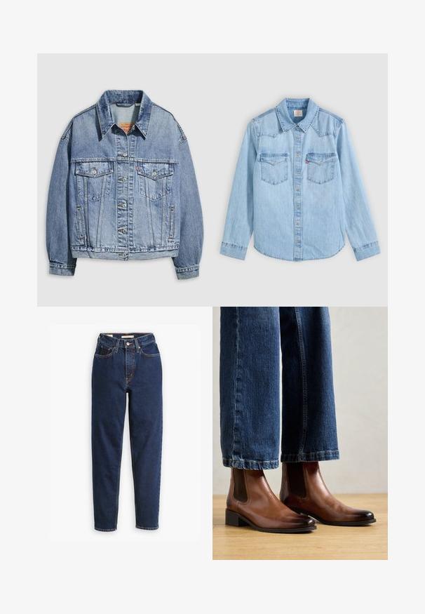 Lyseblå denimjakke med standardkrave, lange ærmer, to brystlommer, knaplukning og en let oversized pasform.; Lyseblå denimskjorte med lange ærmer, knaplukning, to brystlommer med klapper og en klassisk spids krave på en grå baggrund.; Mørkeblå denimjeans med høj talje, femlommedesign og lige ben. Kontrastsyninger og knaplukning.; Brune læder ankelstøvler med elastiske sidepaneler, firkantet tå og lav blokhæl, båret med blå denim jeans. Hårdttrægulv nedenfor.