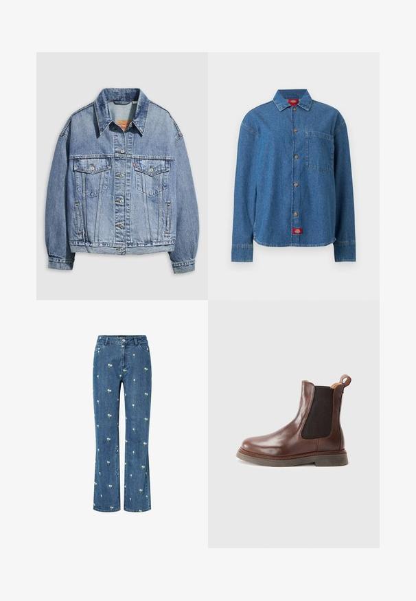 Lyseblå denimjakke med standardkrave, lange ærmer, to brystlommer, knaplukning og en let oversized pasform.; Blå langærmet denimskjorte med knapper foran, en brystlomme på venstre side og et rødt logomærke i bunden af skørtet.; Blå denim jeans med lige ben og små hvide blomsterprint jævnt fordelt over stoffet, med forlommer og bæltestropper.; Brune læder Chelsea støvle med elastiske sidelapper, rund tå og ribbet tekstur. Har en trækflap og en tyk, holdbar sål.
