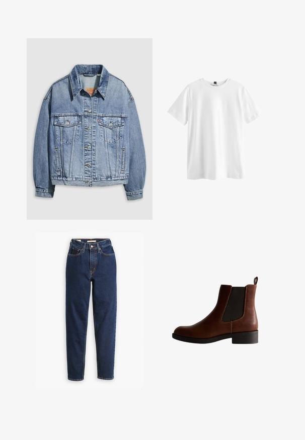 Hellblaue Jeansjacke mit einem Standardkragen, langen Ärmeln, zwei Brusttaschen, Knopfverschlüssen und einer leicht oversized Passform.; Schlichtes weißes T-Shirt mit kurzen Ärmeln und Rundhalsausschnitt mit einem schwarzen Etikett innen am Kragen, flach auf weißem Hintergrund dargestellt.; Dunkelblaue Jeans aus Denim mit hoher Taille, Fünf-Taschen-Design und geraden Beinen. Kontrastnähte und Knopfverschluss.; Braune Lederknöchelstiefel mit elastischen Seitenpaneelen, runder Zehenpartie und niedrigem Blockabsatz. Mit kontrastierenden Nähten und einer Zuglasche.