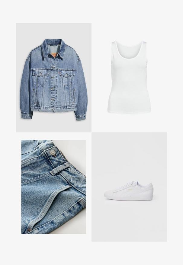 Lyseblå denimjakke med standardkrave, lange ærmer, to brystlommer, knaplukning og en let oversized pasform.; Hvid tanktop i et glat, strækbart stof med en rund halsudskæring og en tætsiddende design. Ingen synlige mønstre eller hardware.; Lysblå denimshorts med en falmet tekstur, der har en metalknaplukning og stikninger til bæltesløjfer.; Hvide low-top Puma sneakers med snørebånd front, diskret branding på siden og sålen, samt en glat syntetisk overdel til hverdag.