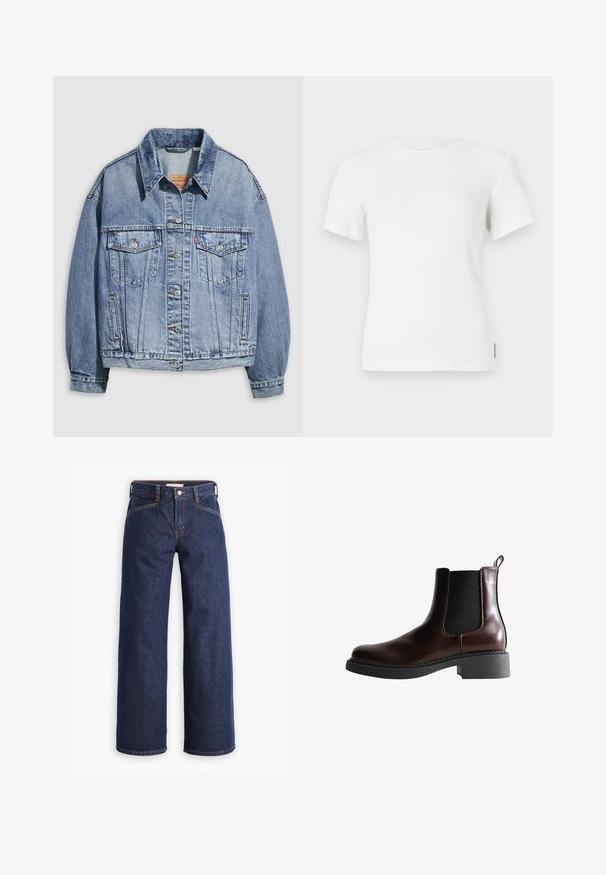 Lyseblå denimjakke med standardkrave, lange ærmer, to brystlommer, knaplukning og en let oversized pasform.; Hvid ribbet kortærmet t-shirt med rund halsudskæring. Blød tekstur, tætsiddende design og minimale syninger.; Mørkeblå denim jeans med høj talje, bred benklipp og diskret orange syninger. Har knap- og lynlåslukning foran.; Brune læder ankelstøvle med elastiske sidepaneler, rund tå og en struktureret sort gummisål. Har kontrasterende syninger og en trækflap.