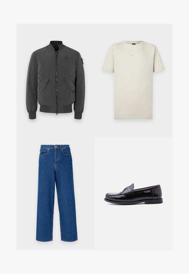 Chaqueta bomber gris oscuro con cierre de cremallera en el frente, puños y cuello acanalados, dos grandes bolsillos frontales y un parche de tela cerca del cuello.; Camiseta de algodón en color beige con cuello redondo y mangas cortas. Presenta un sutil logo plateado "BOSS" en el pecho. Textura suave.; Vaqueros de pierna ancha azul, fabricados en denim, con cintura alta, diseño de cinco bolsillos y costuras contrastantes a lo largo de las costuras y los bolsillos.; Mocasines de cuero negro con acabado brillante, que presentan un diseño cosido en la puntera y una suela baja de goma negra texturizada.