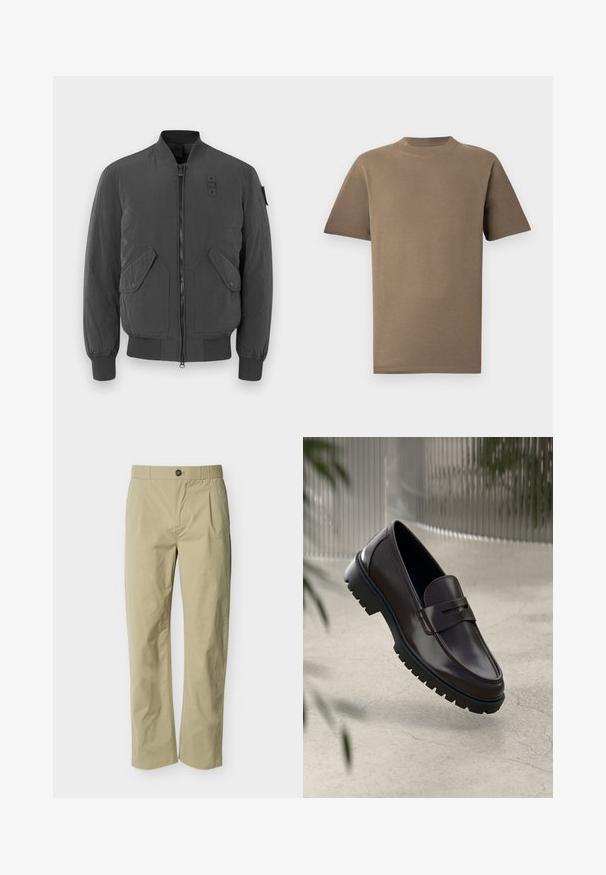 Chaqueta bomber gris oscuro con cierre de cremallera en el frente, puños y cuello acanalados, dos grandes bolsillos frontales y un parche de tela cerca del cuello.; Camiseta de algodón marrón con mangas cortas, cuello redondo y corte recto. Textura suave, detalles mínimos de costura y sin logotipos visibles.; Pantalones beige de pierna recta con cierre de botón, trabillas para cinturón y pliegues delanteros sobre un fondo liso y claro.; Mocasines de cuero marrón con una suela de goma texturizada y estriada. Presentan un diseño elegante y una correa decorativa sobre el empeine.