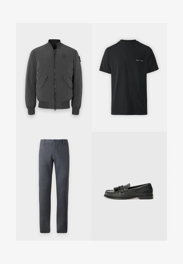 Chaqueta bomber gris oscuro con cierre de cremallera en el frente, puños y cuello acanalados, dos grandes bolsillos frontales y un parche de tela cerca del cuello.; Camiseta de algodón negra con cuello redondo clásico, mangas cortas y dos pequeños logotipos blancos "SAMSØE" en el pecho izquierdo.; Pantalones grises texturizados de corte recto, con una cintura con trabillas, bolsillos delanteros y un cierre de botón individual.; Mocasines de cuero negro con punta redondeada, borlas decorativas y un diseño cosido. Suela plana con una sutil marca en el lateral.