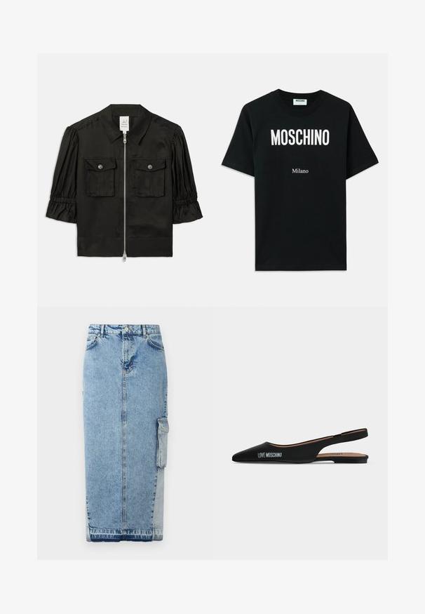 Zwarte korte mouw jacket met een kraag, ritssluiting aan de voorkant, twee borstzakken en gathered mouwen van soepele stof.; Zwarte katoenen t-shirt met sterk witte "MOSCHINO" logo aan de bovenkant en "Milano" eronder, met korte mouwen en een ronde hals.; Leren rok in lichtblauw, met een rechte snit, sluiting met knopen aan de voorkant, zijzakken en een opvallend contrasterend stofpaneel.; Zwarte puntige slingback platte schoen met lage hak en "LOVE MOSCHINO"-logo aan de zijkant tegen een effen lichte achtergrond.