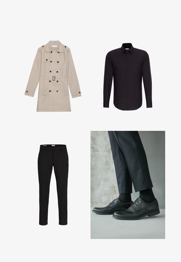 Manteau beige à double boutonnage, grandes boutons foncés, taille ceinturée, épaulettes et deux poches frontales.; Chemise noire à manches longues avec col pointu et poignets boutonnés, présentée sur un fond blanc.; Pantalon noir coupe slim avec passants de ceinture, bouton frontal et fermeture éclair, présenté sur un fond blanc.; Chaussures habillées en cuir noir portées avec des chaussettes noires et un pantalon noir sur mesure sur fond de mur gris en béton lisse.