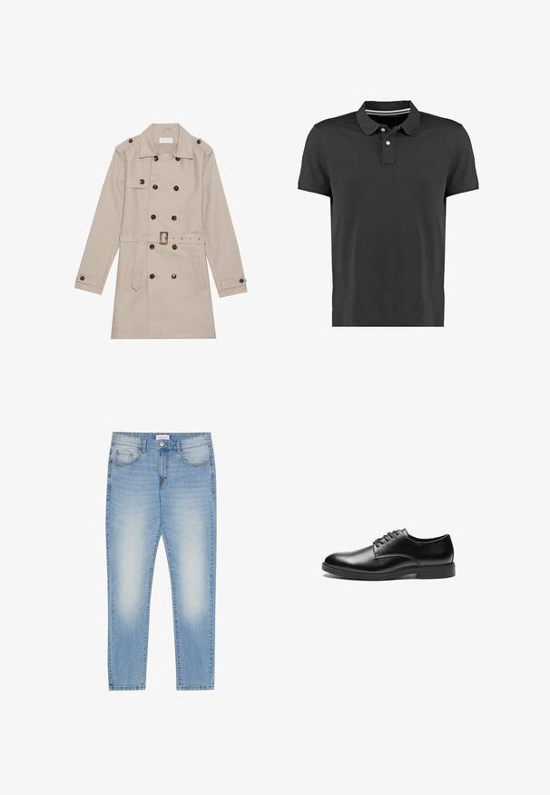Manteau beige à double boutonnage, grandes boutons foncés, taille ceinturée, épaulettes et deux poches frontales.; Polo noir en coton, doté d'un col classique, de trois boutons et d'un subtil détail rayé au niveau du cou. Manches courtes.; Jean en denim bleu clair avec une coupe regular, design à cinq poches, légère patine à l'avant et finition jambe droite.; Chaussure habillée en cuir noir avec une finition lisse, bout arrondi, design à lacets à six œillets et semelle plate en caoutchouc.