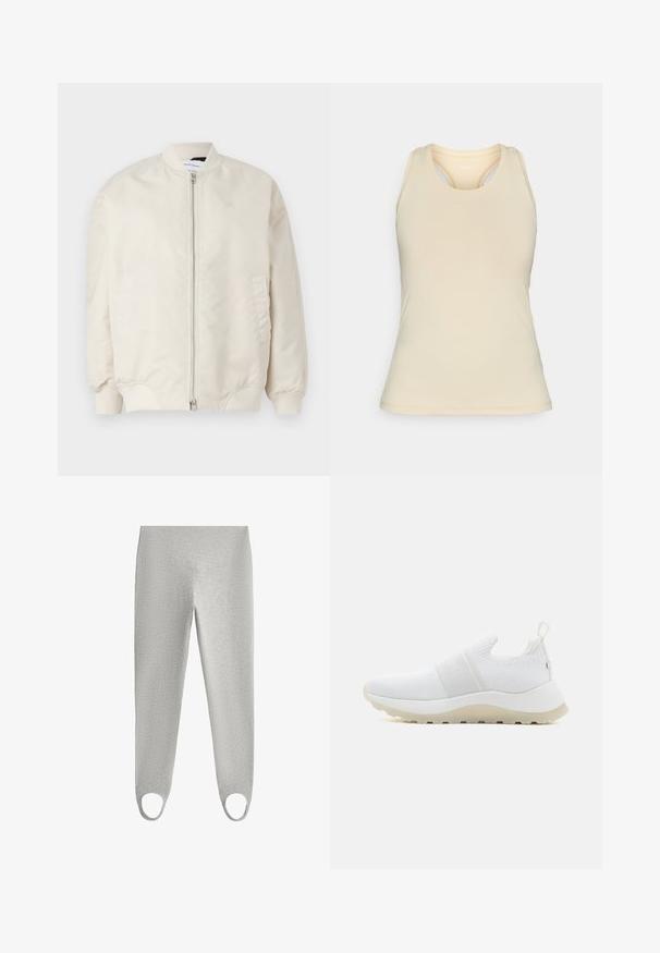 Veste bomber beige clair en tissu léger et lisse. Elle possède une fermeture éclair à l'avant, des poignets côtelés et des poches latérales. Design simple.; Débardeur beige clair en tissu lisse. Présente une encolure dégagée, un dos nageur et des détails de couture subtils.; Leggings extensibles gris clair avec taille élastique et lanières au niveau des pieds en bas de chaque jambe pour un maintien sécurisé.; Calvin Klein RUNNER SLIP ON - Baskets basses - white