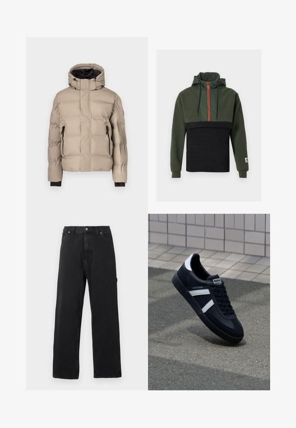 Veste matelassée beige avec col montant, intérieur noir, deux poches zippées et texture matelassée pour l'isolation. Aucune marque visible.; Sweat à capuche en molleton doux, avec une partie supérieure vert foncé et une partie inférieure noire, zippé orange et cordons ajustables.; Jean noir droit avec poches avant, passants pour ceinture, fermeture par bouton et coutures apparentes sur un fond uni.; Sneaker en cuir noir avec des rayures blanches, semelle en caoutchouc texturée et devant à lacets. Présente une étiquette de marque sur la languette.